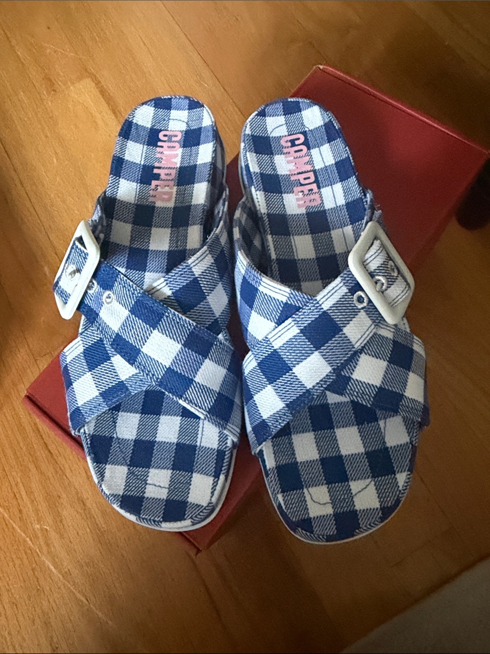 Blue & White Gingham Buckle Slide Sandal size 9